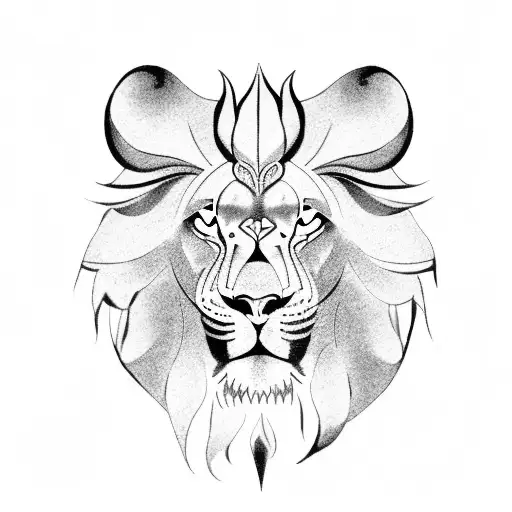 A black-grey tattoo depicting a powerful lion in a religious setting tattoo design idea