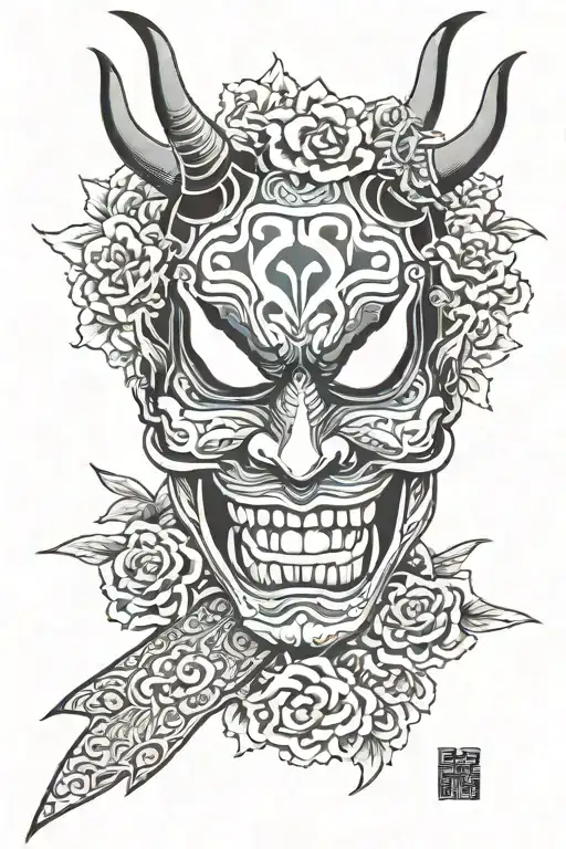 Hannya mask Sakurafubuki knife crossed tattoo design idea