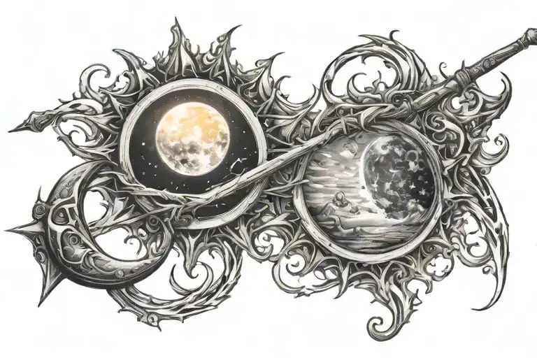 A harmonious blend of the sun and moon at the top beneath which lies a horizontal line one end trident other flute tattoo design idea