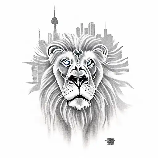Buffalo skeleton lion Nairobi skyline background  tattoo design idea
