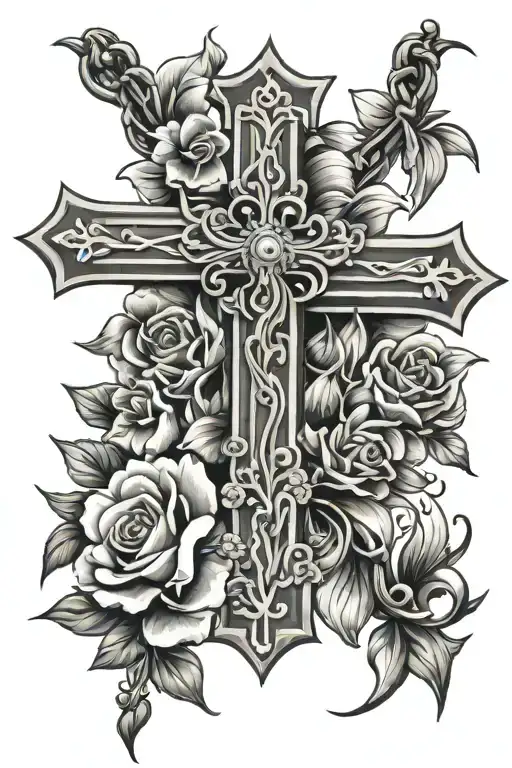 cross with flowers and rosary beads tattoo design idea