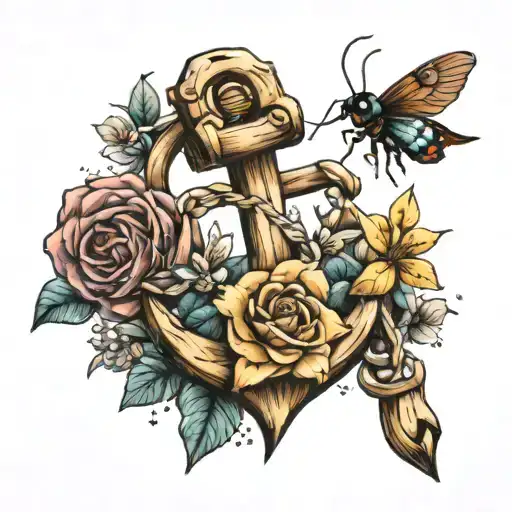 wooden anchor with flowers and insects tattoo design idea