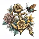 wooden anchor with flowers and insects tattoo design idea