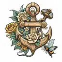 wooden anchor with flowers and insects tattoo design idea