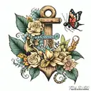 wooden anchor with flowers and insects tattoo design idea