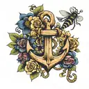 wooden anchor with flowers and insects tattoo design idea