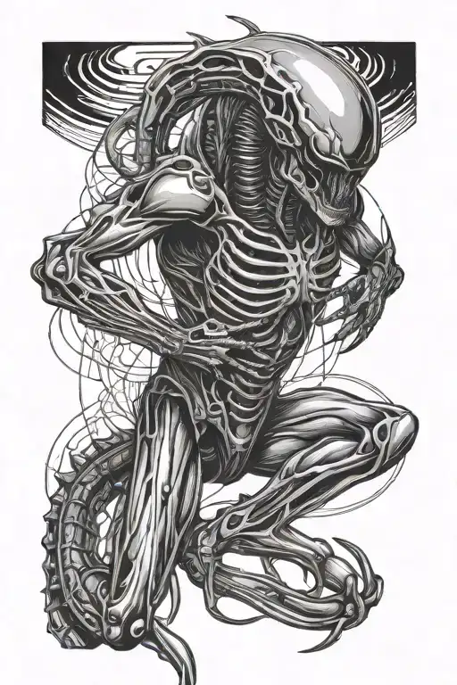 full grown alien xenomorph in fetal sleeping position tattoo design idea