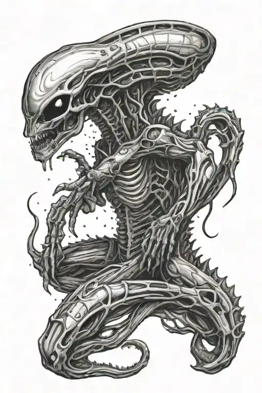 full grown alien xenomorph in fetal sleeping position tattoo design idea