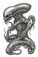 full grown alien xenomorph in fetal sleeping position tattoo design idea