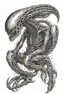 full grown alien xenomorph in fetal sleeping position tattoo design idea