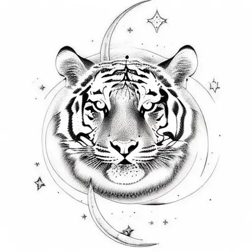 A celestial themed tattoo featuring a tiger and moon in a sketch style tattoo design idea