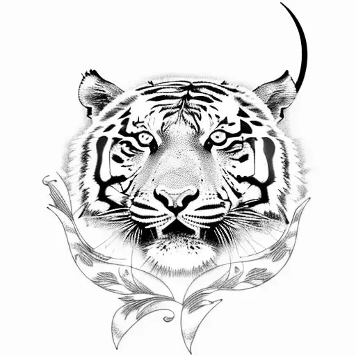 A tiger emerging from a field of flowers under a crescent moon tattoo design idea