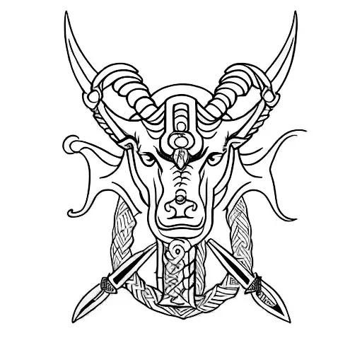 An elegant and unique minimalist tattoo depicting a Templar sword intertwined with the horns of a goat tattoo design idea