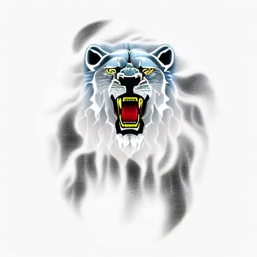 roaring lion with lightning and clouds around for a full chest piece  tattoo design idea