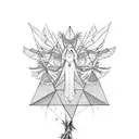 Falling angel, from a geometric tree, down to two angels (one good and one bad) fighting.  tattoo design idea