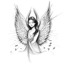 Falling angel, from a geometric tree, down to two angels (one good and one bad) fighting.  tattoo design idea