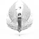 Falling angel, from a geometric tree, down to two angels (one good and one bad) fighting.  tattoo design idea
