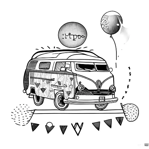 hippie van and text below: happiness only real when shared tattoo design idea