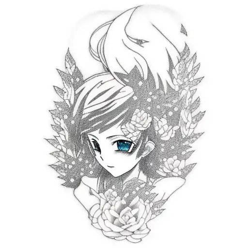 A minimalist tattoo of a beautiful anime painter surrounded by a forest tattoo design idea