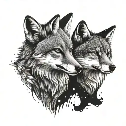 a fox and a wolf friendship tattoo design idea