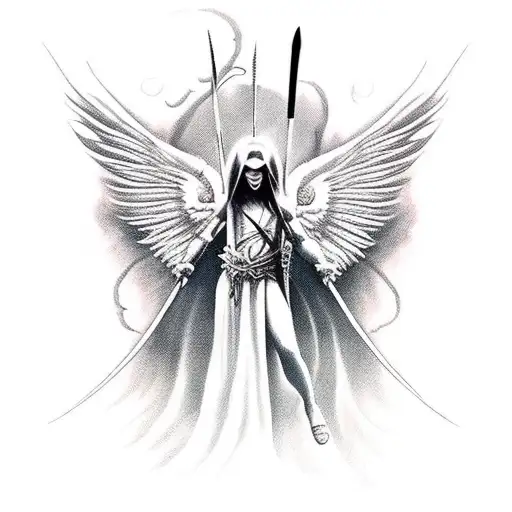 Full back tattoo half demon half angelic scene holding a sword and has wings tattoo design idea