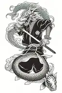 koi dragon and a samari warrior wielding a sword tattoo design idea