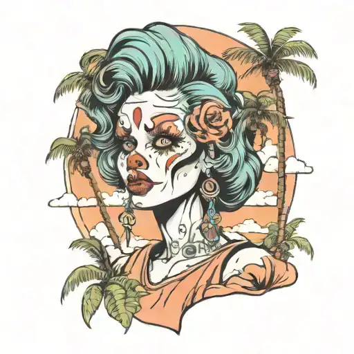 clown girl in sky with 1987 chevelle  palm trees  tattoo design idea