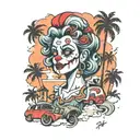 clown girl in sky with 1987 chevelle  palm trees  tattoo design idea
