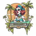 clown girl in sky with 1987 chevelle  palm trees  tattoo design idea