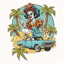 clown girl in sky with 1987 chevelle  palm trees  tattoo design idea