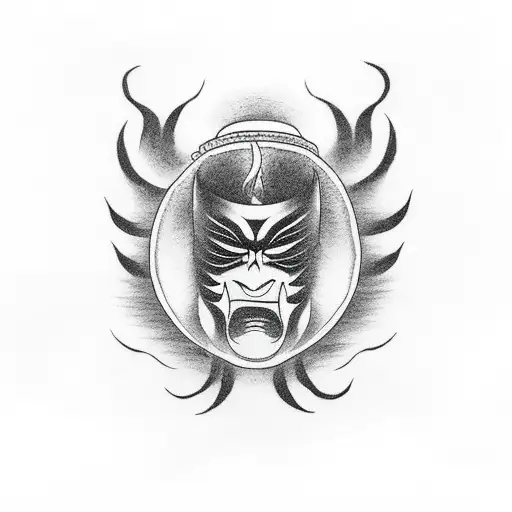 japanese mask, black, evil, smoke, clouds tattoo design idea