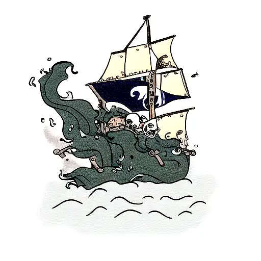 kraken drowning a boat tattoo design idea