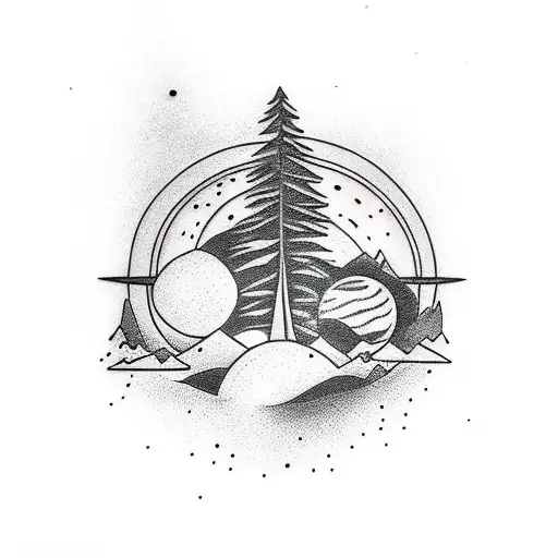 solar system nature trees mountain river Greek statue broken tattoo design idea