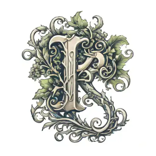 medieval letter R from intertwined branches tattoo design idea