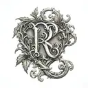medieval letter R from intertwined branches tattoo design idea