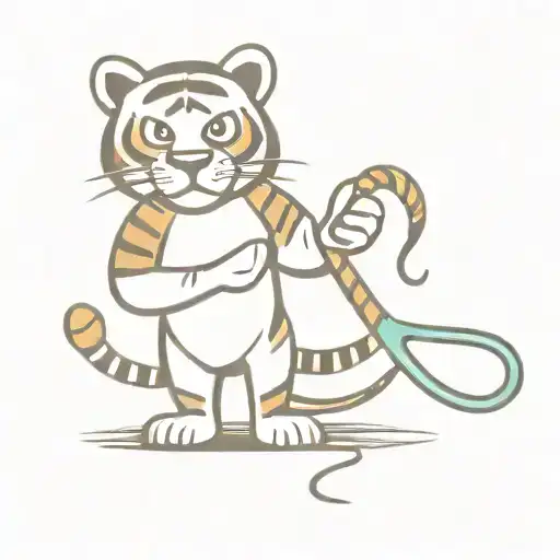 A cartoon tiger holding a lacrosse stick in one hand and a chalice in the other. tattoo design idea