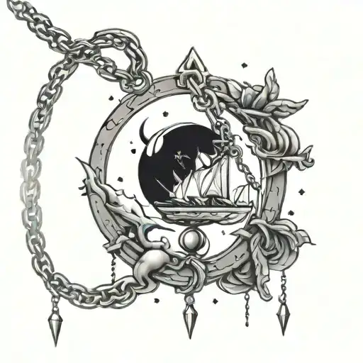 Bicep chain with hanging pendant that has a coatsline overlooking the moon at night in the middle of it tattoo design idea