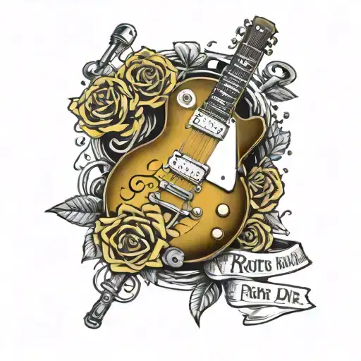 Yellow Les Paul surrounded by a pepper wrote "Rock 'N' Roll Never Die'', some red roses, an old microphone from the 60s tattoo design idea