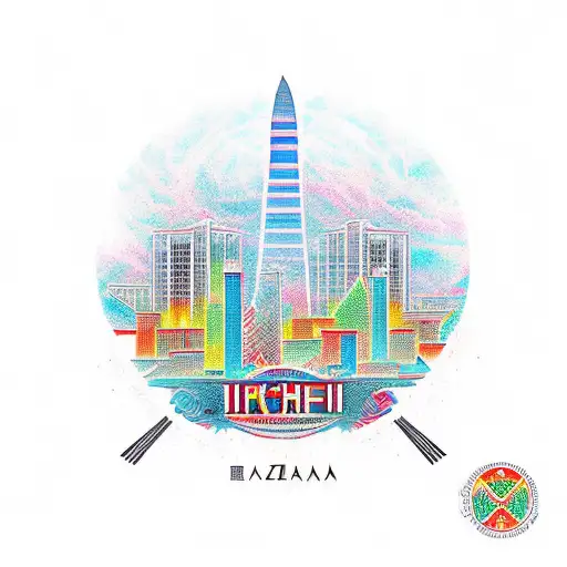 Baku Azerbaijan skyline, with Ichiraku Ramen shop visible.  Spiderman (Miles Morales) sitting on a roof. tattoo design idea