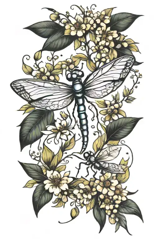 dragonfly and firefly and olive branch surrounded tattoo design idea
