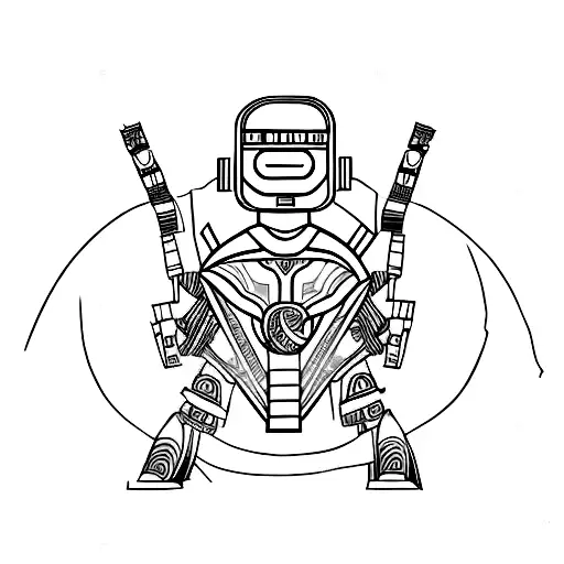 An ancient warrior from a cosmic civilization battling a futuristic robot tattoo design idea