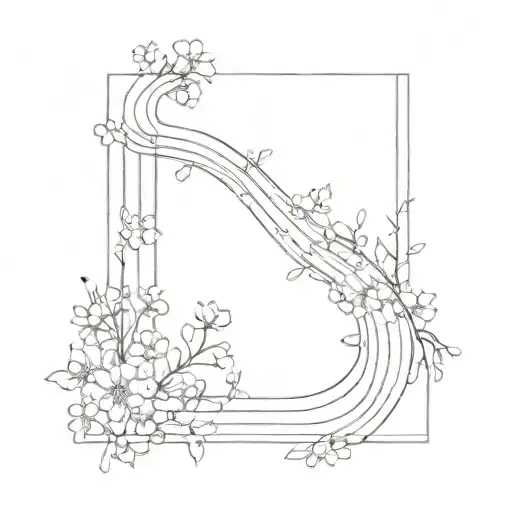 square outline with a winding road. on both sides of the road fill square with tiny outlined flowers.  tattoo design idea