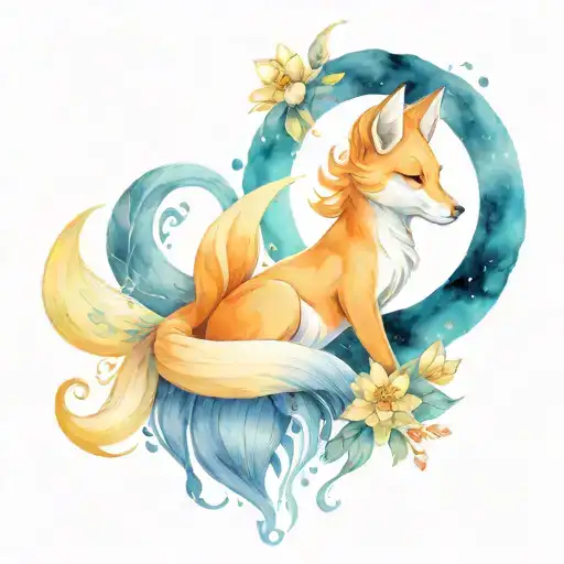 moon sun girl with fox and lotus tattoo design idea