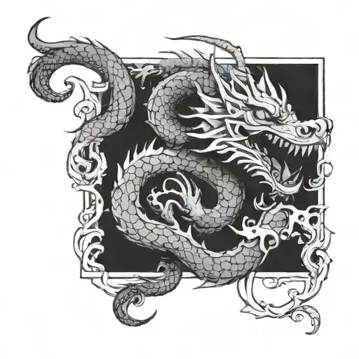 A mythical dragon wrapping around your arm in a blackwork style tattoo design idea