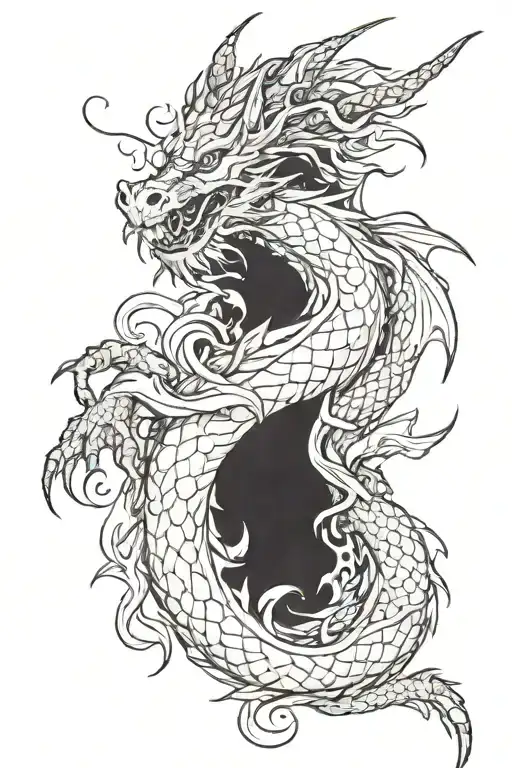 A mythical dragon wrapping around your arm in a blackwork style tattoo design idea