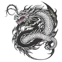 A mythical dragon wrapping around your arm in a blackwork style tattoo design idea