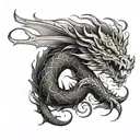 A mythical dragon wrapping around your arm in a blackwork style tattoo design idea