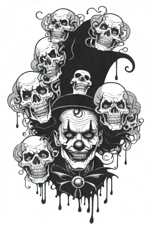 unrealistic creepy sad clown with skulls in background tattoo design idea