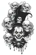 unrealistic creepy sad clown with skulls in background tattoo design idea