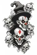 unrealistic creepy sad clown with skulls in background tattoo design idea